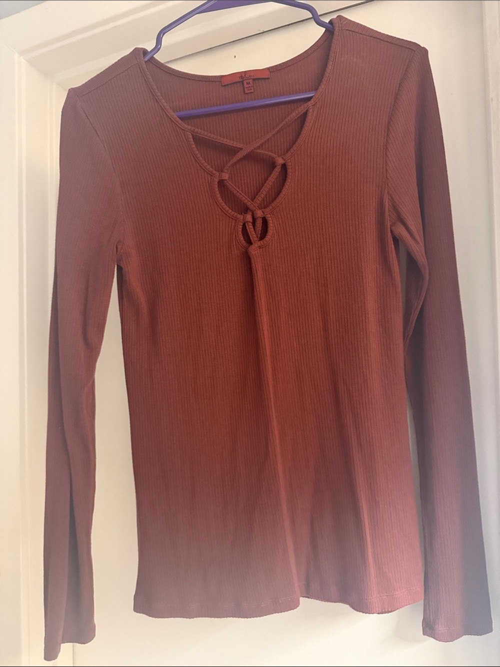 BKE Ribbed Lace-Up Long-Sleeve Top -Rust color